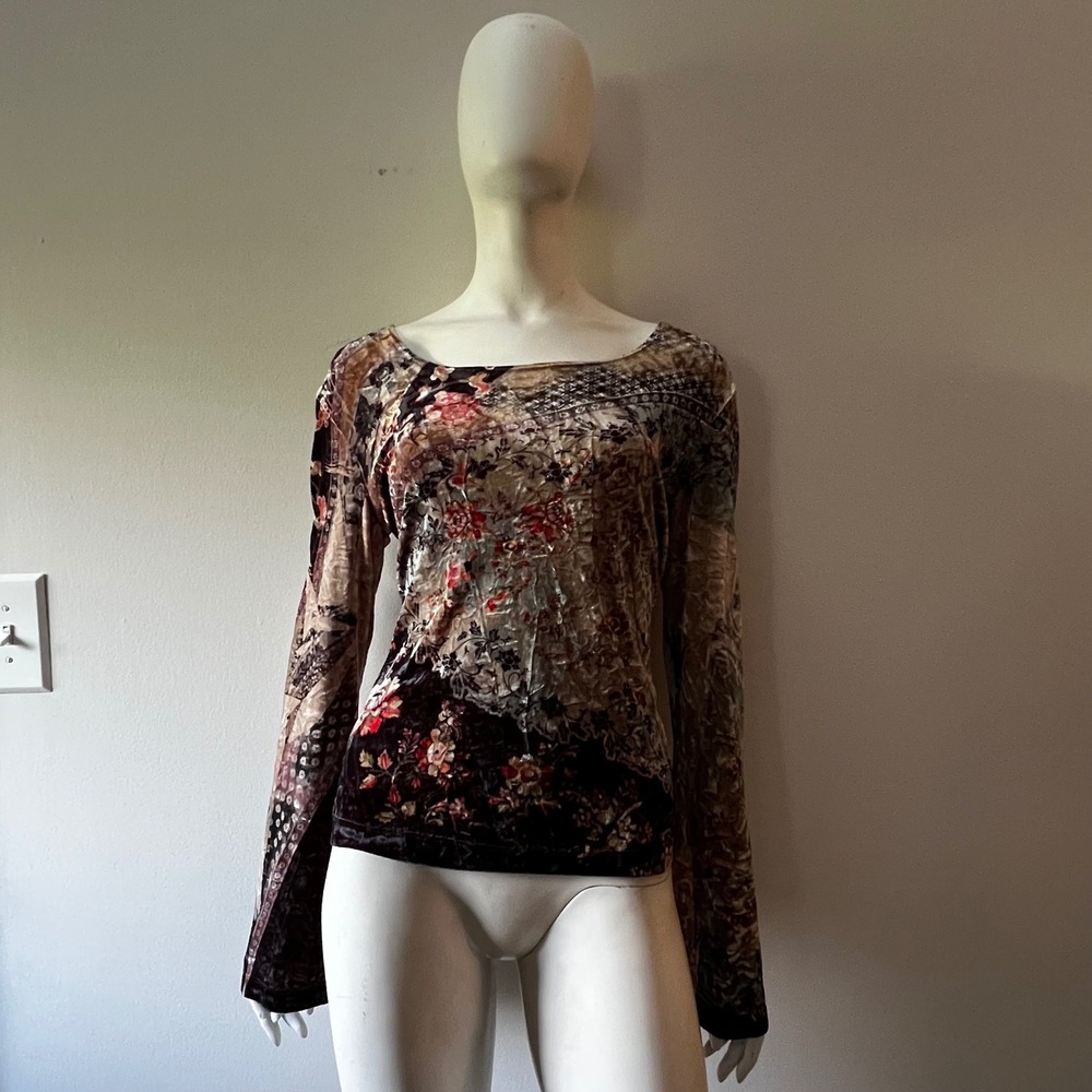 Vintage Y2K CLIO Velvet Patchwork Floral Bell Sleeve Whimsigoth Top Fairy Boho M